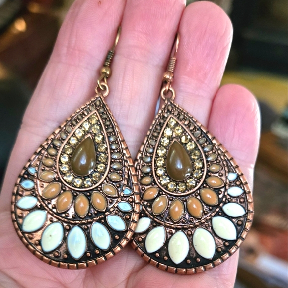 Nine West Jewelry - Copper Teardrop Earrings with Cream & Gold Accents